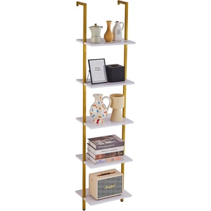 VEVOR Ladder Shelf, 5-Tier Bookshelf 24×11.8in, Open Wall-Mounted Ladder Shelf with Metal Frame,Storage Rack Sundries Holder for Kitchen Bedroom Bathroom Living Room, Black(Gold)