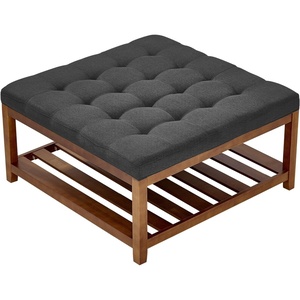 VEVOR Large Round Ottoman Coffee Table, 31.9 Inch Tufted Coffee Table with Solid Wood Shelf Storage, Linen Solid Upholstered Footrest Ottoman for Bedroom Living Room, 350 LBS, Linen Color(Grey)