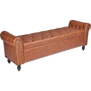 VEVOR Leather Bedroom Bench, PU Leather Bench with Metal Legs and with Stitching for Entryway, Upholstered Shoe Bench Seat, Modern End of The Bed Benches for Living Room, Dining Room, Hallway, Green(Brown)