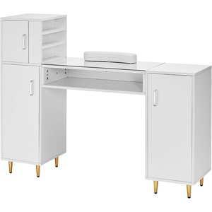 VEVOR Manicure Table, Glass Top Desk Makeup Dressing Station with Storage Cabinets, Acetone-Resistant Nail Tech Table for Spa Beauty Salon Workstation with Wrist Rest, 8 Metal Legs, White