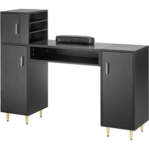 VEVOR Manicure Table, Glass Top Nail Tech Desk, Makeup Dressing Nail Station with Spacious Storage Cabinets, Acetone-Resistant Nail Tech Table with Wrist Rest, 8 Metal Legs for Spa Beauty Salon, Black