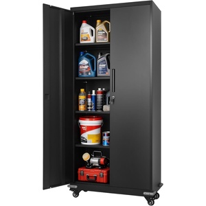 VEVOR Metal Storage Cabinet, 72.6 in Rolling Steel Garage Cabinet with 4 Adjustable Shelves, 2 Magnetic Doors & 2 Keys, 5 Tiers Lockable Tool Storage for Pantry, Warehouse, Basement, Office, Black(Black)