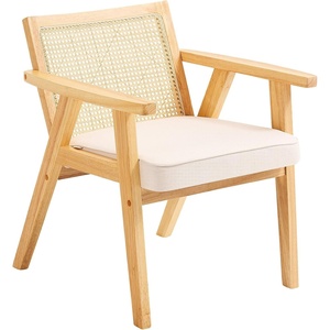 VEVOR Mid Century Modern Rattan Chair, Upholstered Velvet Accent Chair with Rattan Back, Retro Living Room Chair for Living Room, Bedroom, Reading Room, and Office, Beige(Natural)