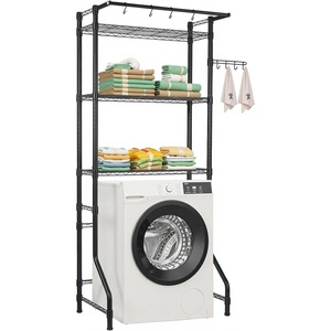 VEVOR Over The Washer and Dryer Storage Shelf, 4 Tier Laundry Room Drying Rack with Hanger Rod and Hooks, Adjustable Over Washer and Dryer Shelves, Laundry Room Shelf Storage Space Saver, White(Black)