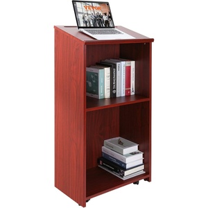 VEVOR Podium Stand, 47-inch Mobile Lectern with 4 Casters, Wooden Presentation Stand with Shelves, Angled Top, for Church, Office, School, Home Use, Black(Reddish Brown)
