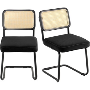 VEVOR Rattan Chairs Set of 2, Mid Century Modern Dining Chair, Upholstered Velvet Accent Chair with Rattan Back, Retro Dining Room Kitchen Chair for Living Room, Bedroom (18.1 Inch)(Black)