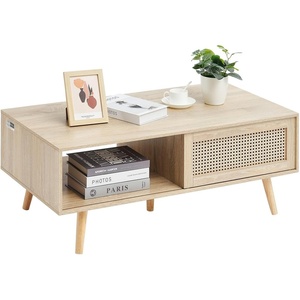 VEVOR Rattan Coffee Table, Mid Century Modern Table, Rectangle Wood Table, 42 Inch Modern Boho Style Two Layers Storage Coffee Table, for Living Room, Bedroom & Small Spaces(42Inch-Wood)