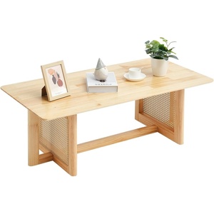 VEVOR Rattan Coffee Table, Mid Century Modern Table, Rectangle Wood Table, 42 Inch Modern Boho Style Two Layers Storage Coffee Table, for Living Room, Bedroom & Small Spaces(47Inch-Wood)