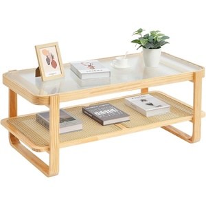 VEVOR Rattan Coffee Table, Mid Century Modern Table, Rectangle Wood Table, 42 Inch Modern Boho Style Two Layers Storage Coffee Table, for Living Room, Bedroom & Small Spaces(45Inch-Glass)