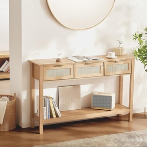 VEVOR Rattan Console Table with 2 Storage Drawers, Rattan Entryway Table with Natural Rattan Sliding Door, Console Sofa Table for Living Room, Study, Entryway Or TV Wall, Natural(3 Drawers)