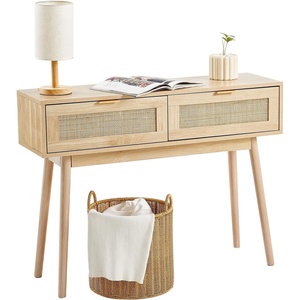 VEVOR Rattan Console Table with 2 Storage Drawers, Rattan Entryway Table with Natural Rattan Sliding Door, Console Sofa Table for Living Room, Study, Entryway Or TV Wall, Natural(2 Drawers)