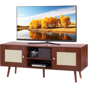 VEVOR Rattan TV Stand, Mid Century Modern TV Stand for 65 inch TV, Boho Rattan TV Cabinet with Build-in Socket and USB Ports, Adjustable Shelfs for Living Room, Media Room, Oak(Walnut)