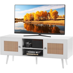 VEVOR Rattan TV Stand, Mid Century Modern TV Stand for 65 inch TV, Boho Rattan TV Cabinet with Build-in Socket and USB Ports, Adjustable Shelfs for Living Room, Media Room, Oak(White)