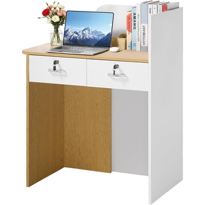 VEVOR Reception Desk, 31.5 inch Rectangular Front Counter Table, Modern Office Reception Desk with LED Light, 2 Drawers & Power Outlets, Retail Counter Table for Checkout, Lobby, Beauty Salon, Office(White + Wood)