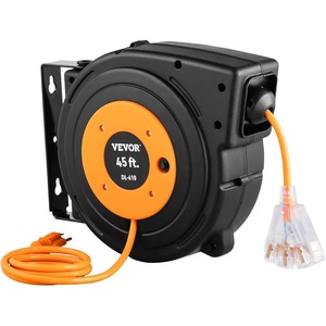 VEVOR Retractable Extension Cord Reel, 45 FT, Heavy Duty 12AWG/3C SJTOW Extension Power Cord with Lighted Triple Tap Outlet, 15A Circuit Breaker 180° Swivel Bracket for Ceiling or Wall Mount, Red(Black & Orange)