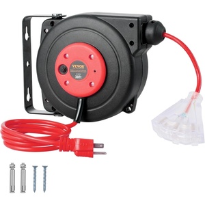 VEVOR Retractable Extension Cord Reel, 45 FT, Heavy Duty 12AWG/3C SJTOW Extension Power Cord with Lighted Triple Tap Outlet, 15A Circuit Breaker 180° Swivel Bracket for Ceiling or Wall Mount, Red(Red)