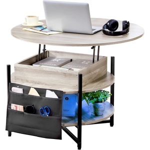 VEVOR Round Lift Top Coffee Table with LED Light, 35.4″ Circle Coffee Table with Storage and Hidden Compartment, Farmhouse 2 Tier Large Dining Table for Living Room Reception Room, Wood Gray