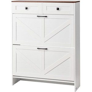 VEVOR Shoe Cabinet with 2 Flip Drawers, Mid-Century Shoes Storage Cabinet with Anti-Tipping Device, Freestanding Fluted Shoe Organizer, Ideal for Entrance, Hallway, Bedroom, Living Room, Walnut(White + Walnut)