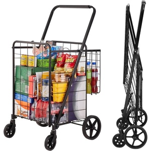 VEVOR Shopping Cart, Folding Grocery Utility Cart with Dual Baskets, Waterproof Liner & Wheels, 100 LBS Large Load Capacity, Heavy Duty Laundry Basket for Laundry, Shopping, Camping, Grocery, Luggage(Large)
