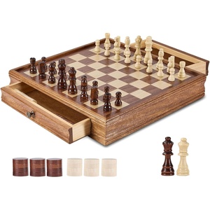 VEVOR Solid Wood Chess Set, 15 inch 2-in-1 Chess Checkers Game Set, Chess Board Games with Storage Drawer & Weighted Chess Checkers Pieces & 2 Queens, Christmas Crafts Xmas Gift(Brown)