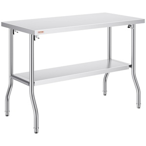 VEVOR Stainless Steel Table, 24 x 35.4 Inches Food Prep Worktable with Wheels, Kitchen Prep Table with Adjustable Undershelf Workstations for Commercial Kitchen, Restaurant, Hotel and Garage, Outdoor(Double layer 48 * 24)