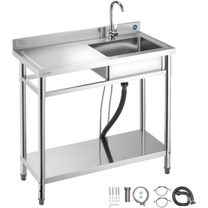 VEVOR Stainless Steel Utility Sink, Free Standing Single Bowl Commercial Kitchen Sink with Faucet, 39.4 x 19.7 x 37 in, Utility Left Basin with Hot & Cold Water Pipe for Garage, Restaurant, Laundry