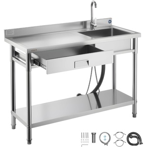VEVOR Stainless Steel Utility Sink, Rolling Single Bowl Commercial Kitchen Sink with Drawer, Faucet and Hot & Cold Water Pipe, Utility Basin for Garage, Restaurant, Laundry, 47.2 x 19.7 x 37 in