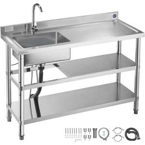 VEVOR Stainless Steel Utility Sink, Rolling Single Bowl Commercial Kitchen Sink with Wheels,Faucet and Hot & Cold Water Pipe,Utility Basin Workbench for Garage Restaurant Laundry 47.2 x 19.7 x 41.5 in(47″ Triple-layer Right Drainage)