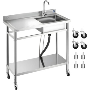 VEVOR Stainless Steel Utility Sink, Rolling Single Bowl Commercial Kitchen Sink with Wheels,Faucet and Hot & Cold Water Pipe,Utility Basin Workbench for Garage Restaurant Laundry 47.2 x 19.7 x 41.5 in(39″ Left-Side Drainboard with Caster)