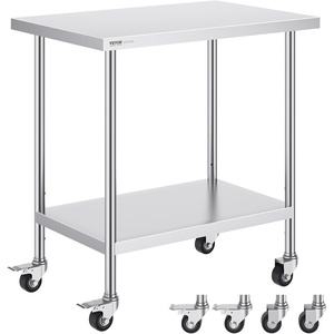 VEVOR Stainless Steel Work Table 30 x 36 x 38 Inch, with 4 Wheels, 3 Adjustable Height Levels, Heavy Duty Food Prep Worktable for Commercial Kitchen Restaurant, Silver(24 x 36 x 38 Inch)