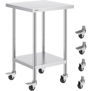 VEVOR Stainless Steel Work Table 30 x 36 x 38 Inch, with 4 Wheels, 3 Adjustable Height Levels, Heavy Duty Food Prep Worktable for Commercial Kitchen Restaurant, Silver(24 x 24 x 38 Inch)