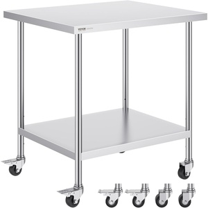VEVOR Stainless Steel Work Table 30 x 36 x 38 Inch, with 4 Wheels, 3 Adjustable Height Levels, Heavy Duty Food Prep Worktable for Commercial Kitchen Restaurant, Silver(30 x 36 x 38 Inch)