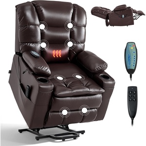 VEVOR Triple Motor Power Lift Recliner Chair, Large Lift Chair with Heat and Massage for Elderly, Position Adjustable, Leather Surface with Storage Pockets and Cup Holders, Brown(Triple motor)