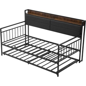 VEVOR Twin Size Daybed Frame, Day Bed with Trundle, Heavy Duty Metal Platform Bed Frame with Charging Station, Twin Daybed with Metal Slats Support for Living Room, Bedroom, Guest Room, Easy Assembly(Twin Size with Storage Headboard)