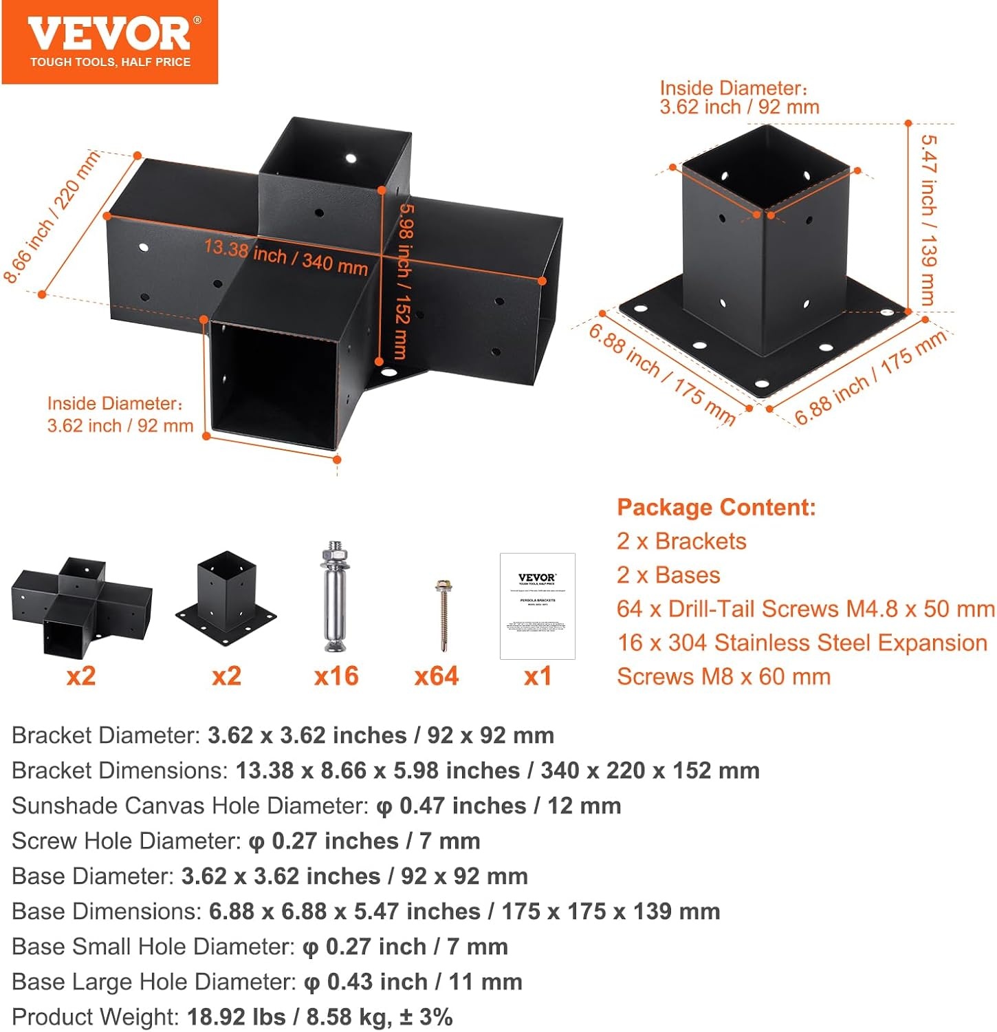 image:imageVEVOR 4Way Pergola Bracket Kit 6x6 2Pack Heavy Duty Corner Brackets for Wood Beams DIY Post Base Hardware with Easy Installation for Outdoor Gazebo Patio Log Cabin4PC 4Way 44 SET
