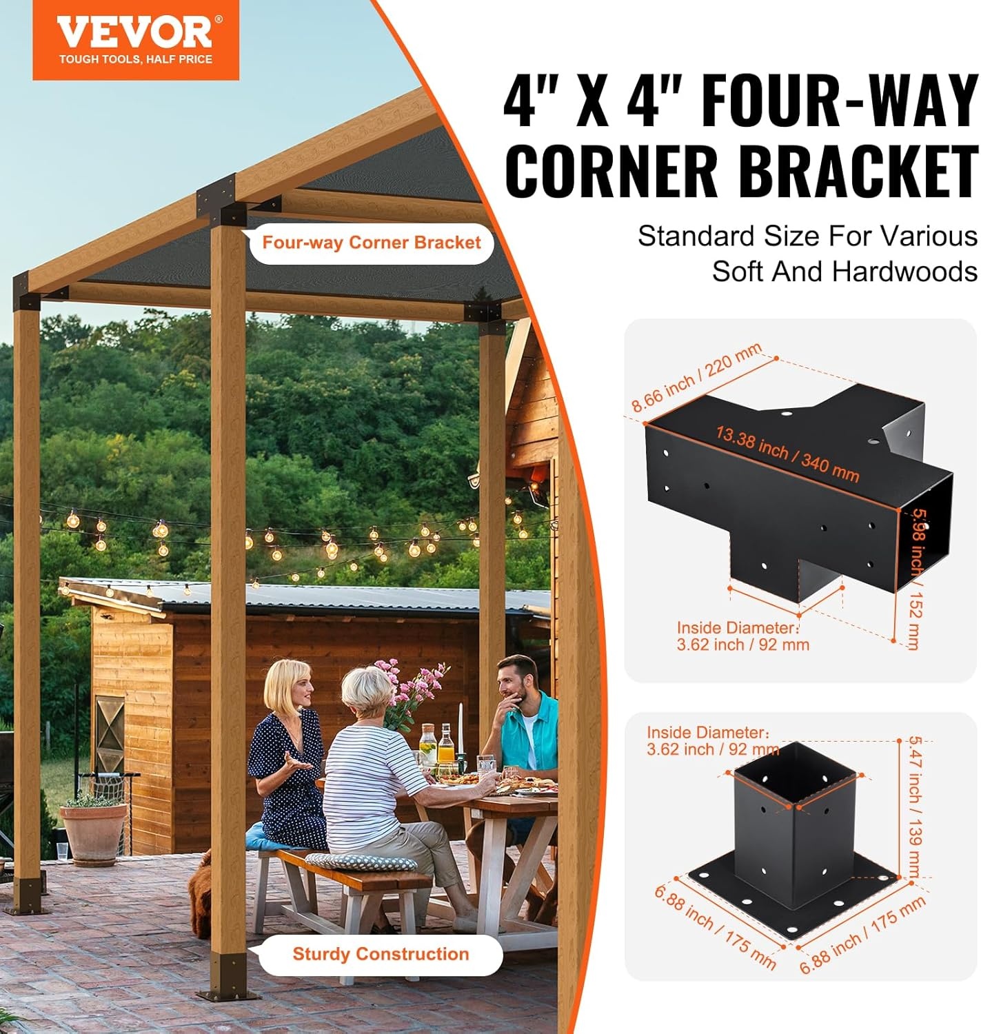 image:imageVEVOR 4Way Pergola Bracket Kit 6x6 2Pack Heavy Duty Corner Brackets for Wood Beams DIY Post Base Hardware with Easy Installation for Outdoor Gazebo Patio Log Cabin4PC 4Way 44 SET