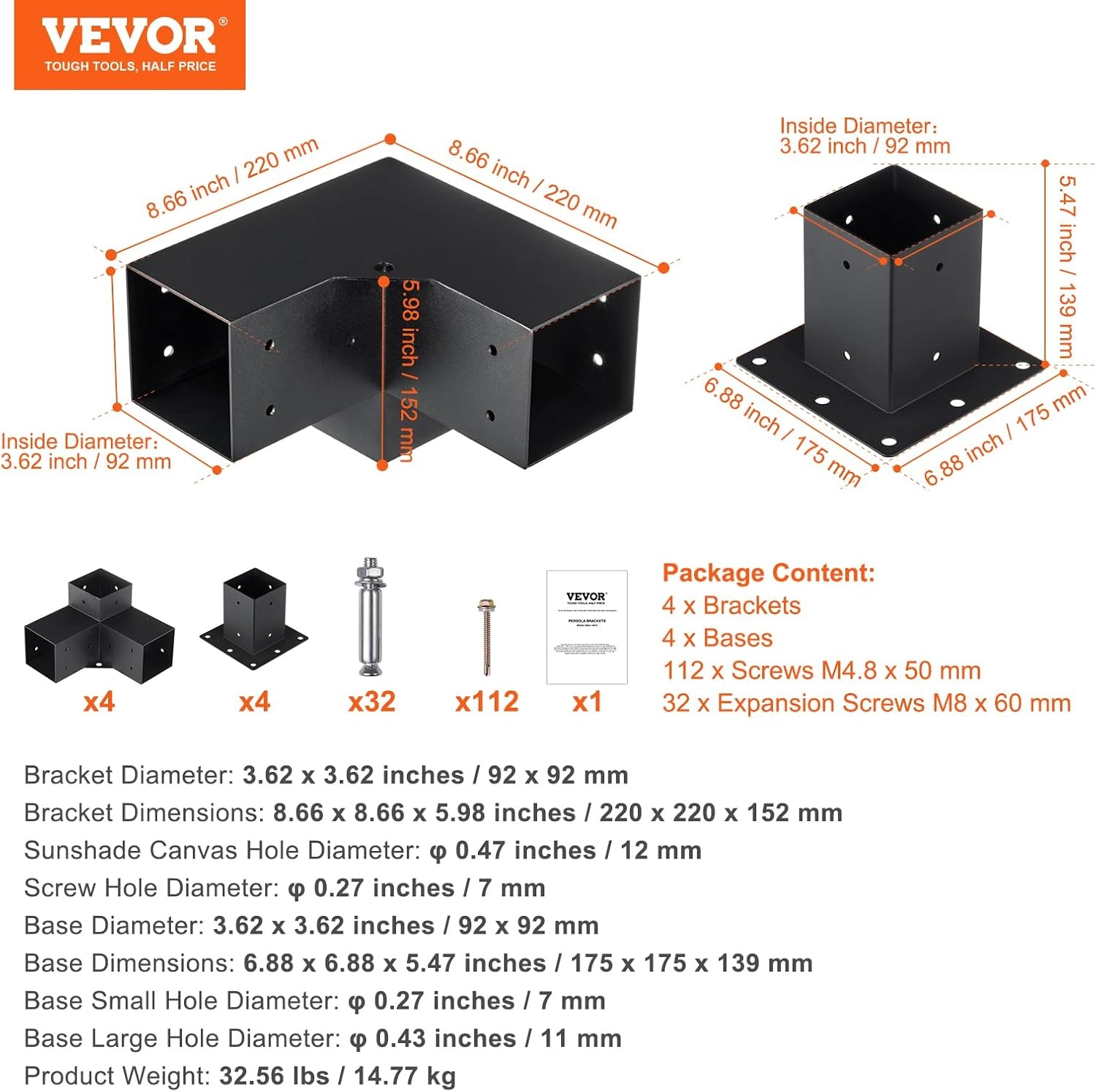 image:imageVEVOR 4Way Pergola Bracket Kit 6x6 2Pack Heavy Duty Corner Brackets for Wood Beams DIY Post Base Hardware with Easy Installation for Outdoor Gazebo Patio Log Cabin8PC 3Way 44 SET