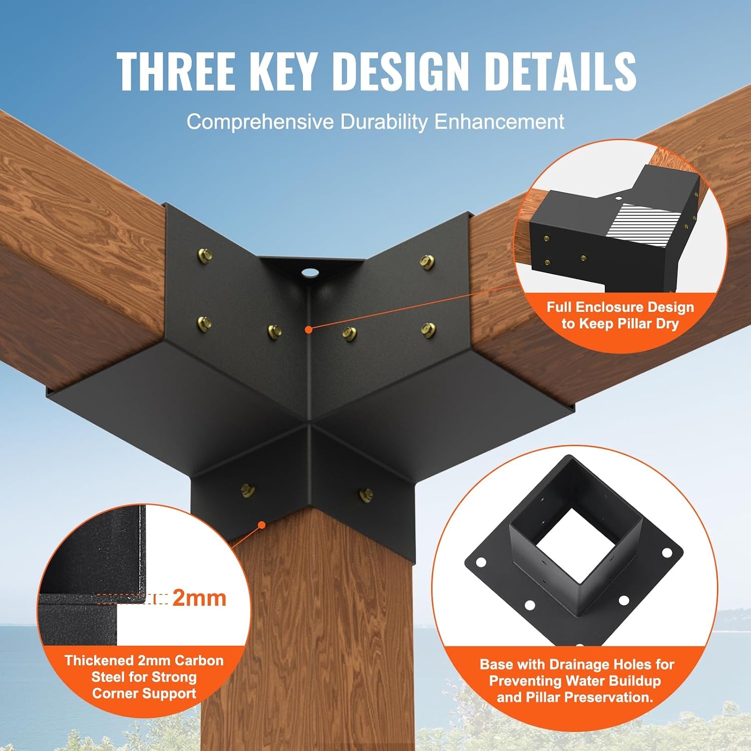 image:imageVEVOR 4Way Pergola Bracket Kit 6x6 2Pack Heavy Duty Corner Brackets for Wood Beams DIY Post Base Hardware with Easy Installation for Outdoor Gazebo Patio Log Cabin8PC 3Way 44 SET