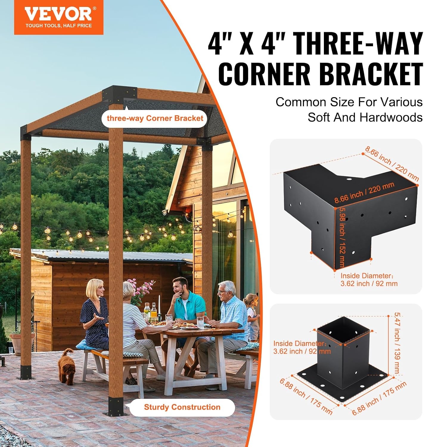 image:imageVEVOR 4Way Pergola Bracket Kit 6x6 2Pack Heavy Duty Corner Brackets for Wood Beams DIY Post Base Hardware with Easy Installation for Outdoor Gazebo Patio Log Cabin8PC 3Way 44 SET