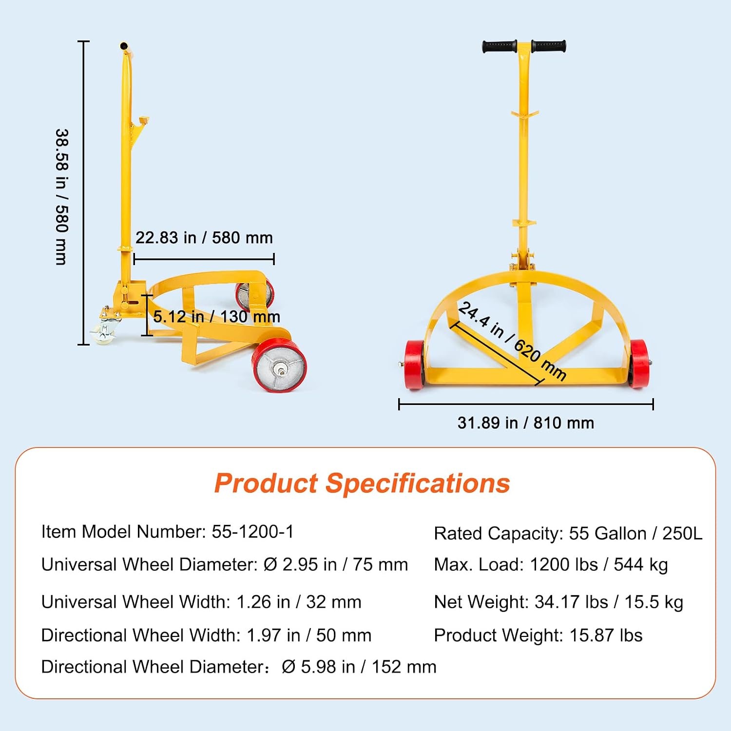 image:imageVEVOR 55 Gallon Drum Dolly 1200 Pounds Capacity Oil Drum Cart with 3 SmoothRolling Wheels and LaborSaving Handle Heavy Duty Q235 Steel Barrel Drum Dollies for Garages Warehouse Workshop