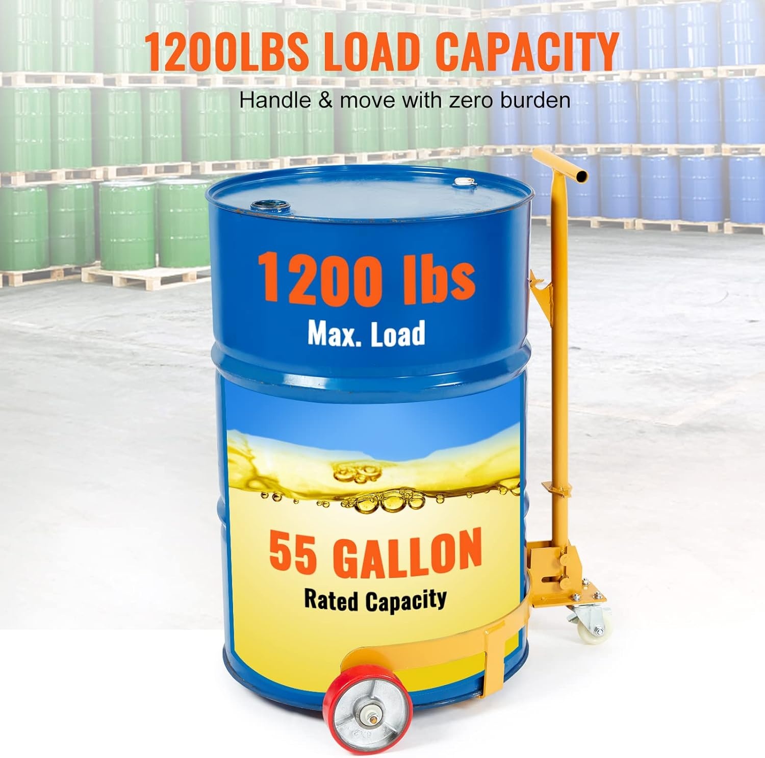 image:imageVEVOR 55 Gallon Drum Dolly 1200 Pounds Capacity Oil Drum Cart with 3 SmoothRolling Wheels and LaborSaving Handle Heavy Duty Q235 Steel Barrel Drum Dollies for Garages Warehouse Workshop