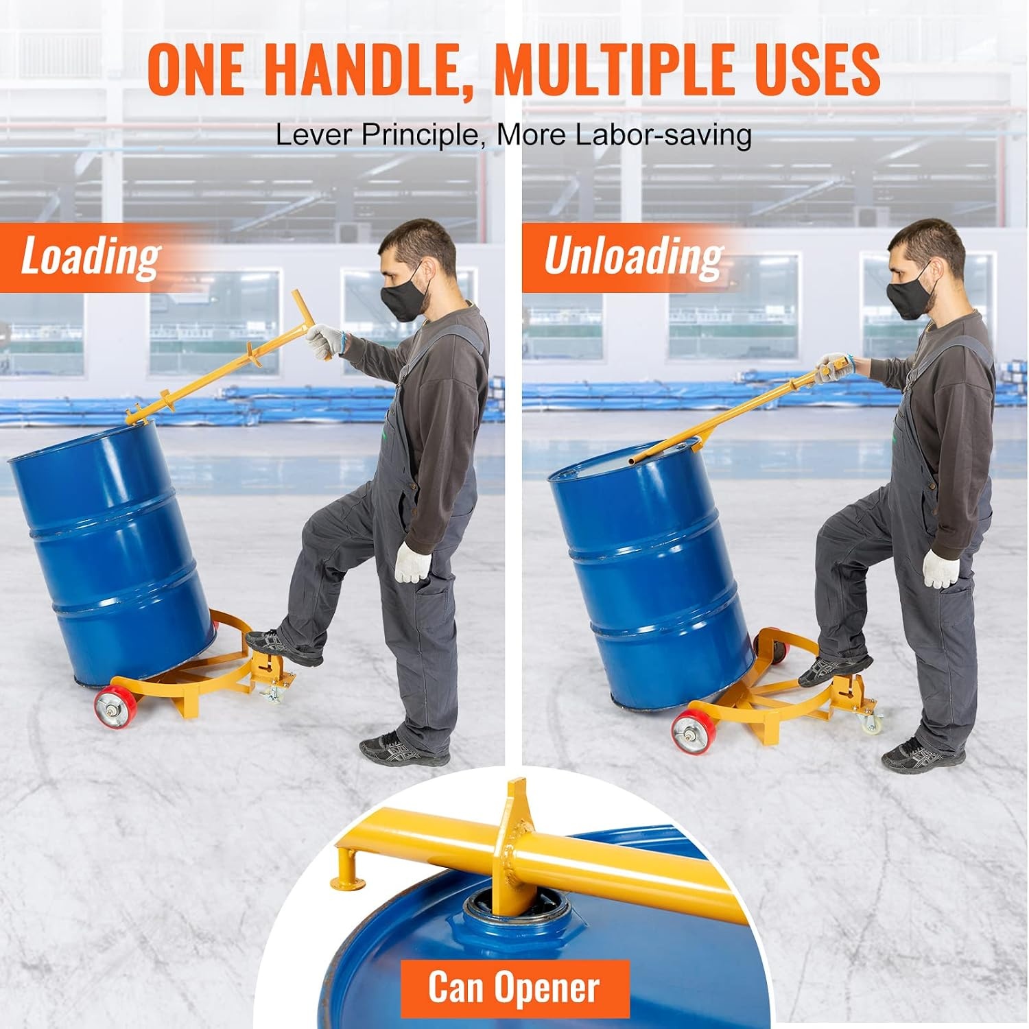 image:imageVEVOR 55 Gallon Drum Dolly 1200 Pounds Capacity Oil Drum Cart with 3 SmoothRolling Wheels and LaborSaving Handle Heavy Duty Q235 Steel Barrel Drum Dollies for Garages Warehouse Workshop