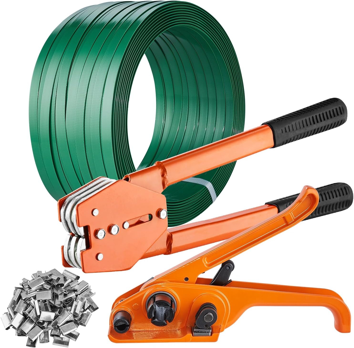 image:imageVEVOR Banding Strapping Kit Heavy Duty Banding Sealer Tool with 2000 ft PET Band 600 Metal Seals 200 Corner Protectors Plastic Pallet Packaging Strapping Kit for Warehouse Transportation HomePET 58x999 4PC Set
