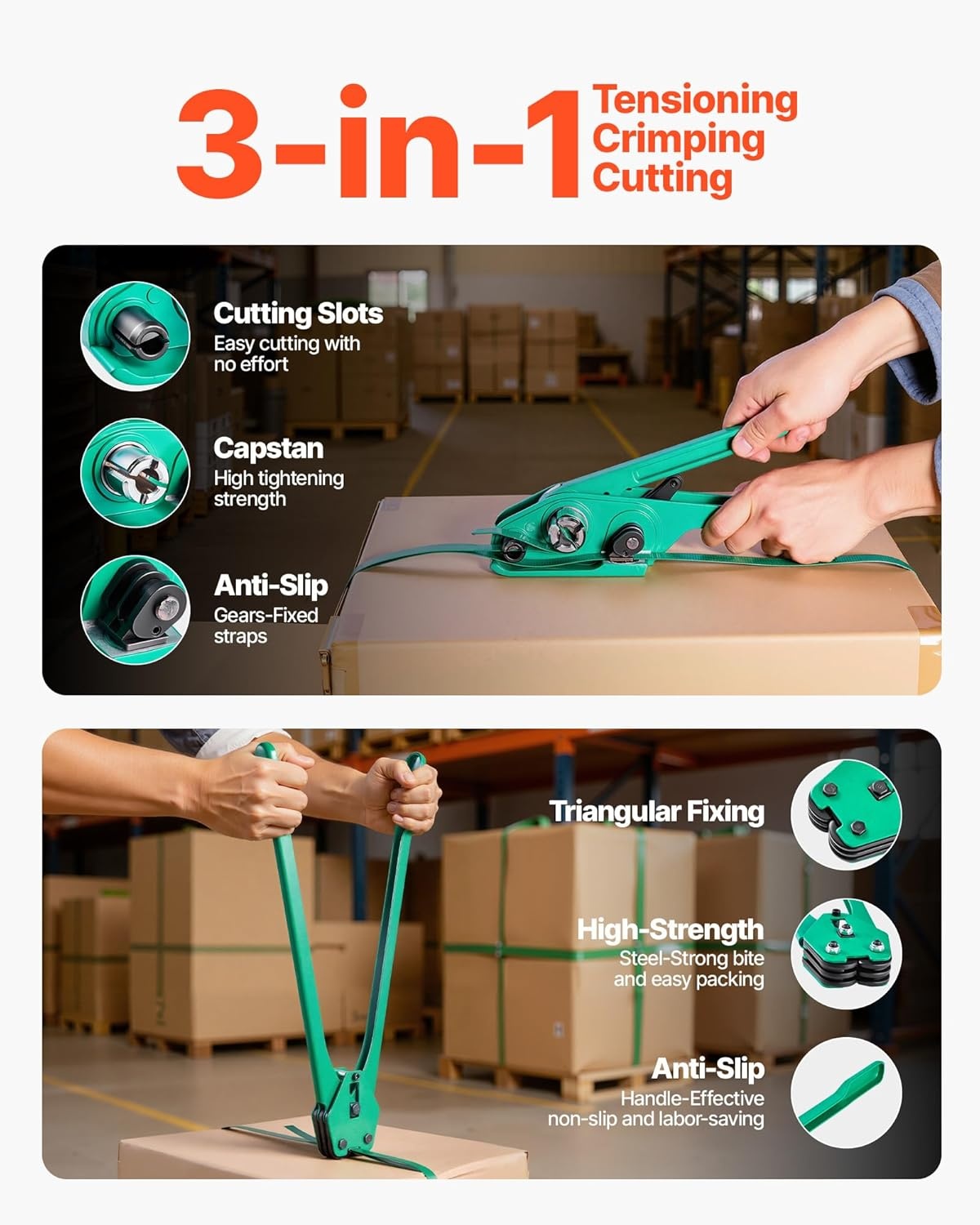image:imageVEVOR Banding Strapping Kit Heavy Duty Banding Sealer Tool with 2000 ft PET Band 600 Metal Seals 200 Corner Protectors Plastic Pallet Packaging Strapping Kit for Warehouse Transportation HomePET 58x1500 6PC Set