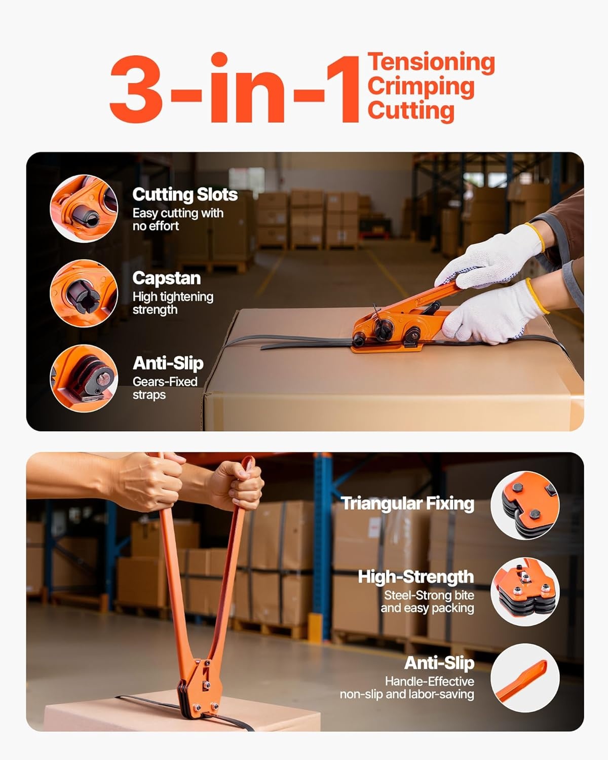 image:imageVEVOR Banding Strapping Kit Heavy Duty Banding Sealer Tool with 2000 ft PET Band 600 Metal Seals 200 Corner Protectors Plastic Pallet Packaging Strapping Kit for Warehouse Transportation HomePET 58x2000 6PC Set