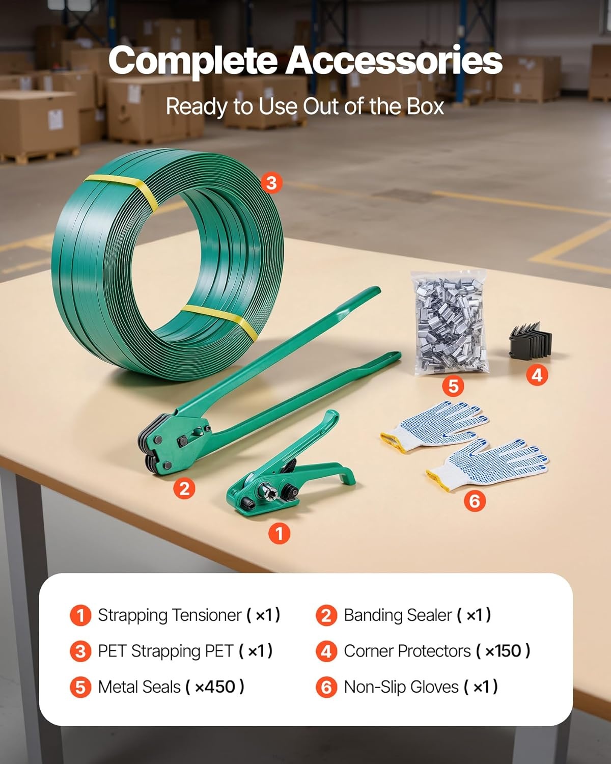 image:imageVEVOR Banding Strapping Kit Heavy Duty Banding Sealer Tool with 2000 ft PET Band 600 Metal Seals 200 Corner Protectors Plastic Pallet Packaging Strapping Kit for Warehouse Transportation HomePET 58x1500 6PC Set