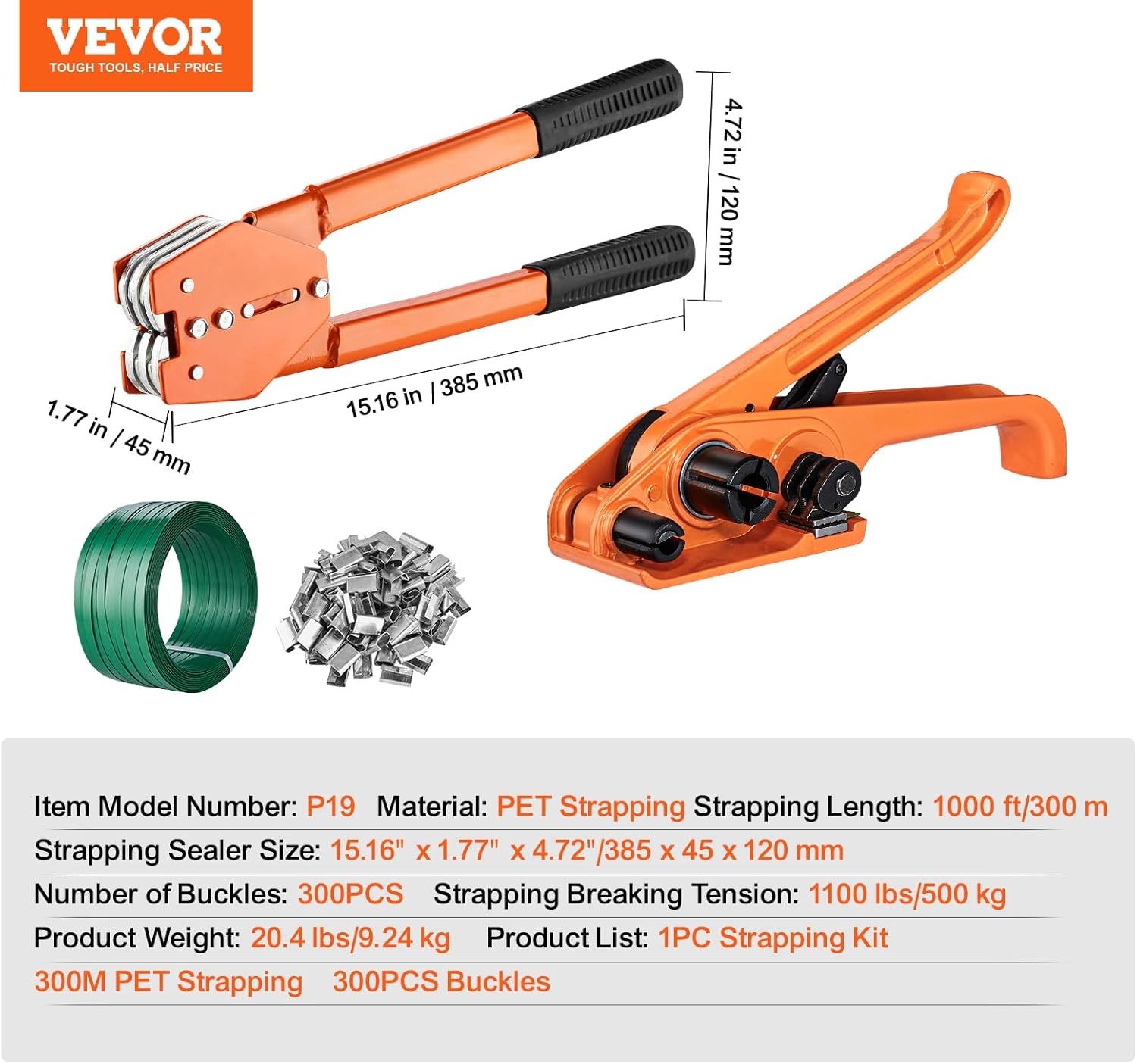 image:imageVEVOR Banding Strapping Kit Heavy Duty Banding Sealer Tool with 2000 ft PET Band 600 Metal Seals 200 Corner Protectors Plastic Pallet Packaging Strapping Kit for Warehouse Transportation HomePET 58x999 4PC Set