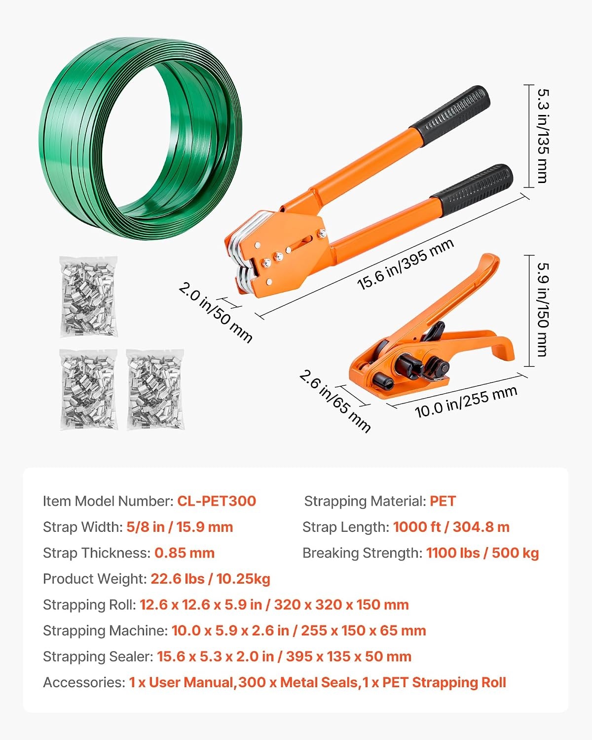 image:imageVEVOR Banding Strapping Kit Heavy Duty Banding Sealer Tool with 2000 ft PET Band 600 Metal Seals 200 Corner Protectors Plastic Pallet Packaging Strapping Kit for Warehouse Transportation Home58 in x 1000 ft