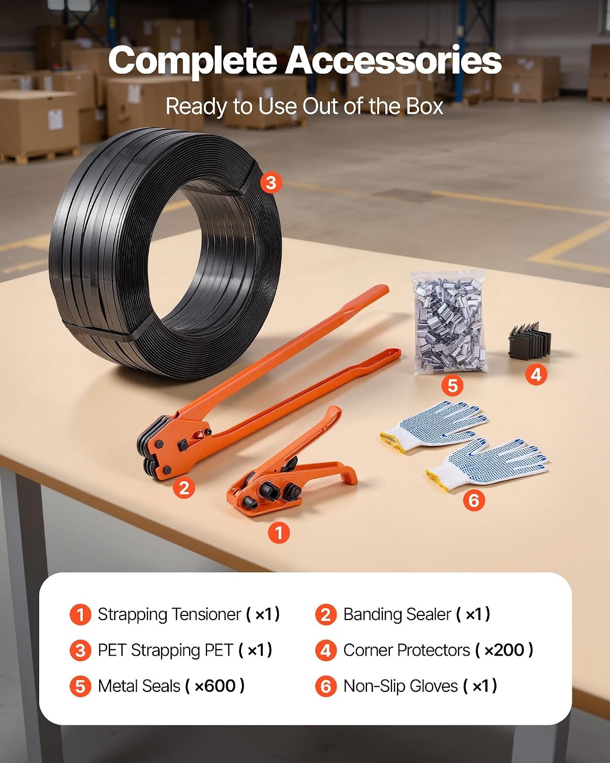 image:imageVEVOR Banding Strapping Kit Heavy Duty Banding Sealer Tool with 2000 ft PET Band 600 Metal Seals 200 Corner Protectors Plastic Pallet Packaging Strapping Kit for Warehouse Transportation HomePET 58x2000 6PC Set