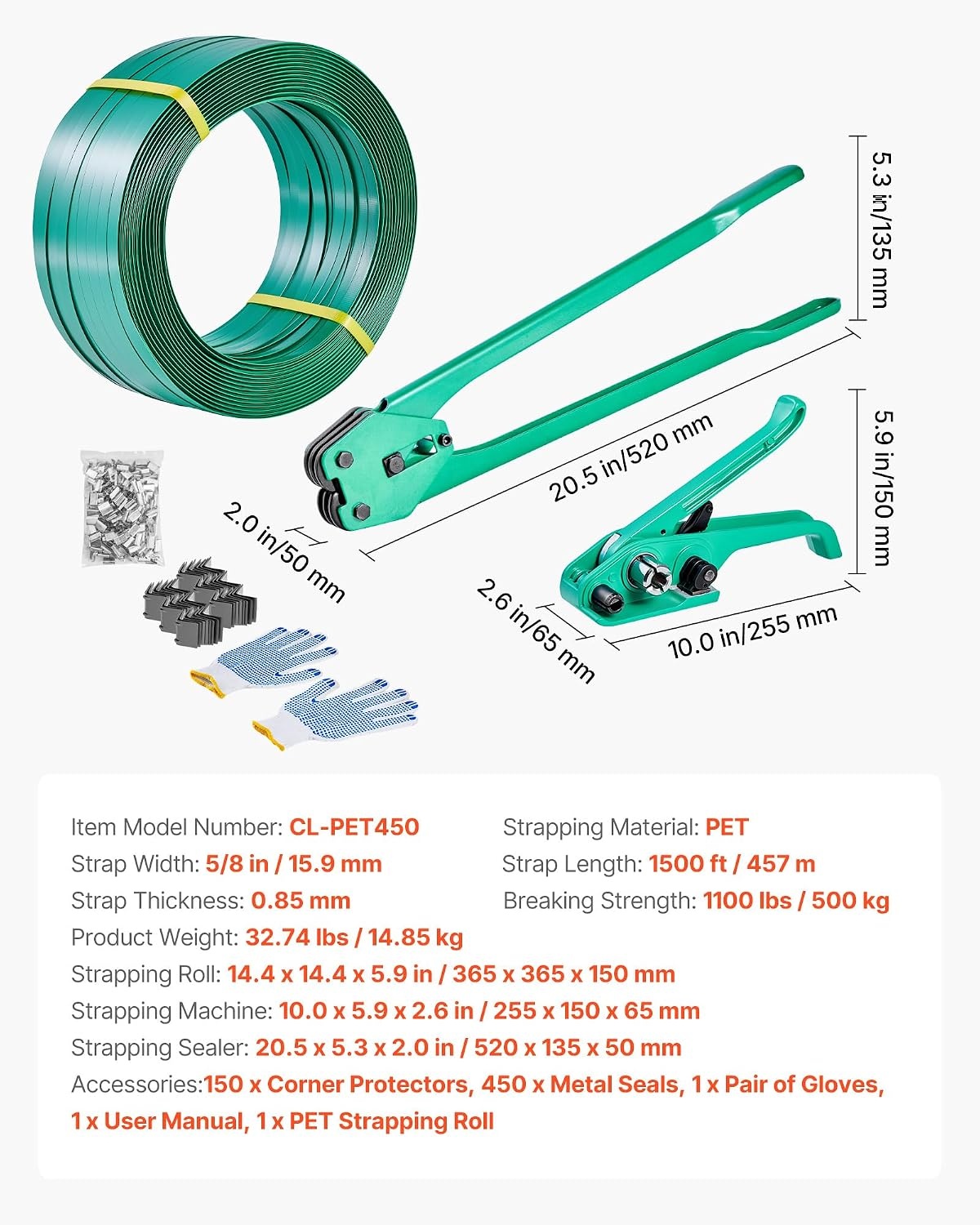 image:imageVEVOR Banding Strapping Kit Heavy Duty Banding Sealer Tool with 2000 ft PET Band 600 Metal Seals 200 Corner Protectors Plastic Pallet Packaging Strapping Kit for Warehouse Transportation HomePET 58x1500 6PC Set